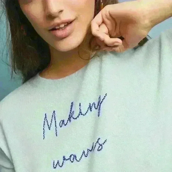 ANTHROPOLOGIE By Charli Cashmere Sweater Embroidered Making Waves Women Med - Picture 12 of 12